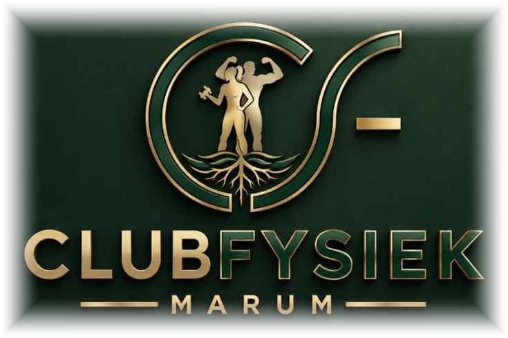 Logo van Clubfysiek Marum: een man en vrouw in goud binnen de letters CF, met daaronder de naam Clubfysiek Marum