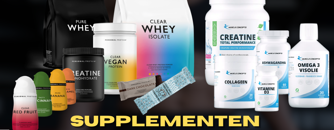 Assortiment supplementen, waaronder whey-proteïne, creatine, collageen, vitamine D3 en omega 3