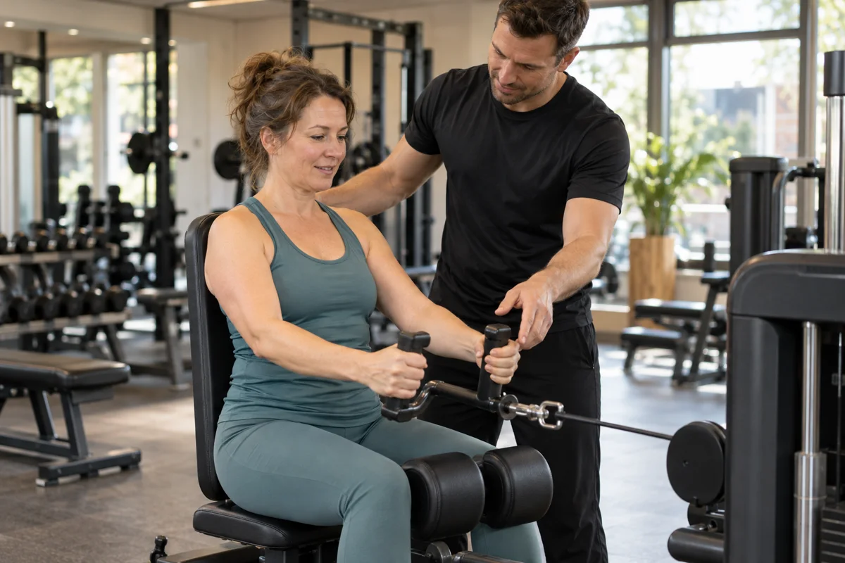 Een sporter krijgt uitleg van een trainer bij een krachtapparaat