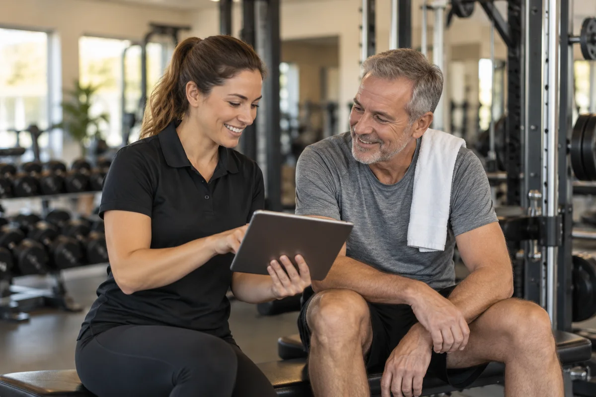 Een instructeur bespreekt een trainingsplan met een sporter