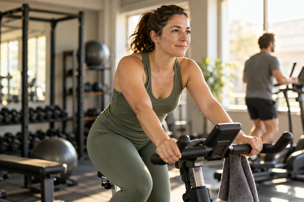 Een sporter traint zelfstandig op een hometrainer